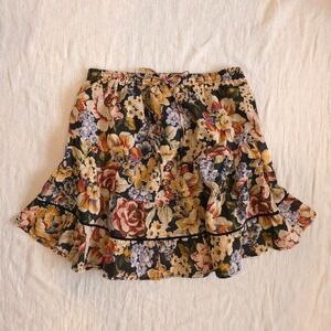 Olivaceous multicoloured floral skirt with ruffles and tie waist. Size M